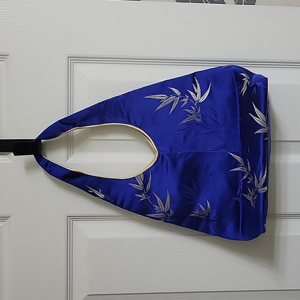 Tai Blue Bamboo Brocade Metallic Silky Satin Shoulder Bag